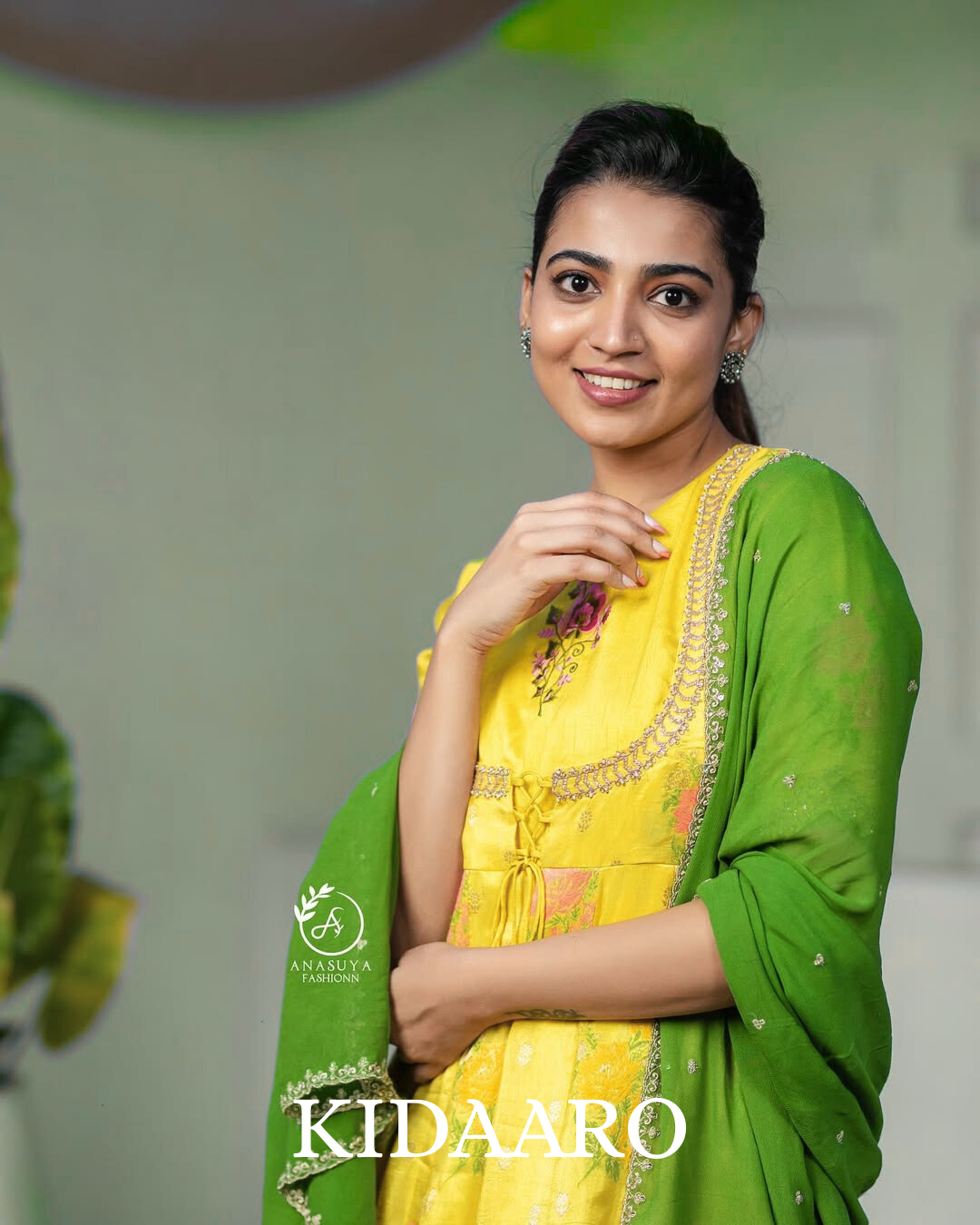 Yellow Floral Anarkali with Green Dupatta