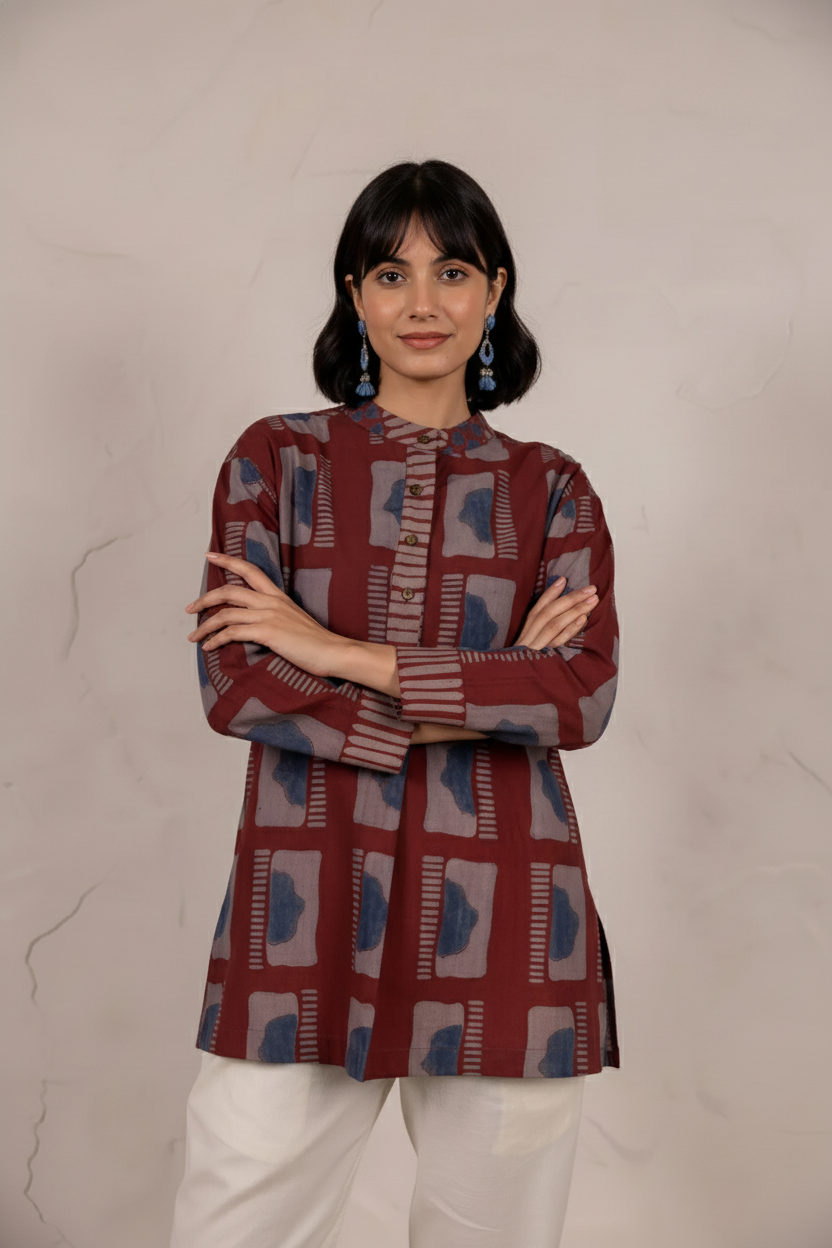 Maroon Printed Cotton Tunic Top