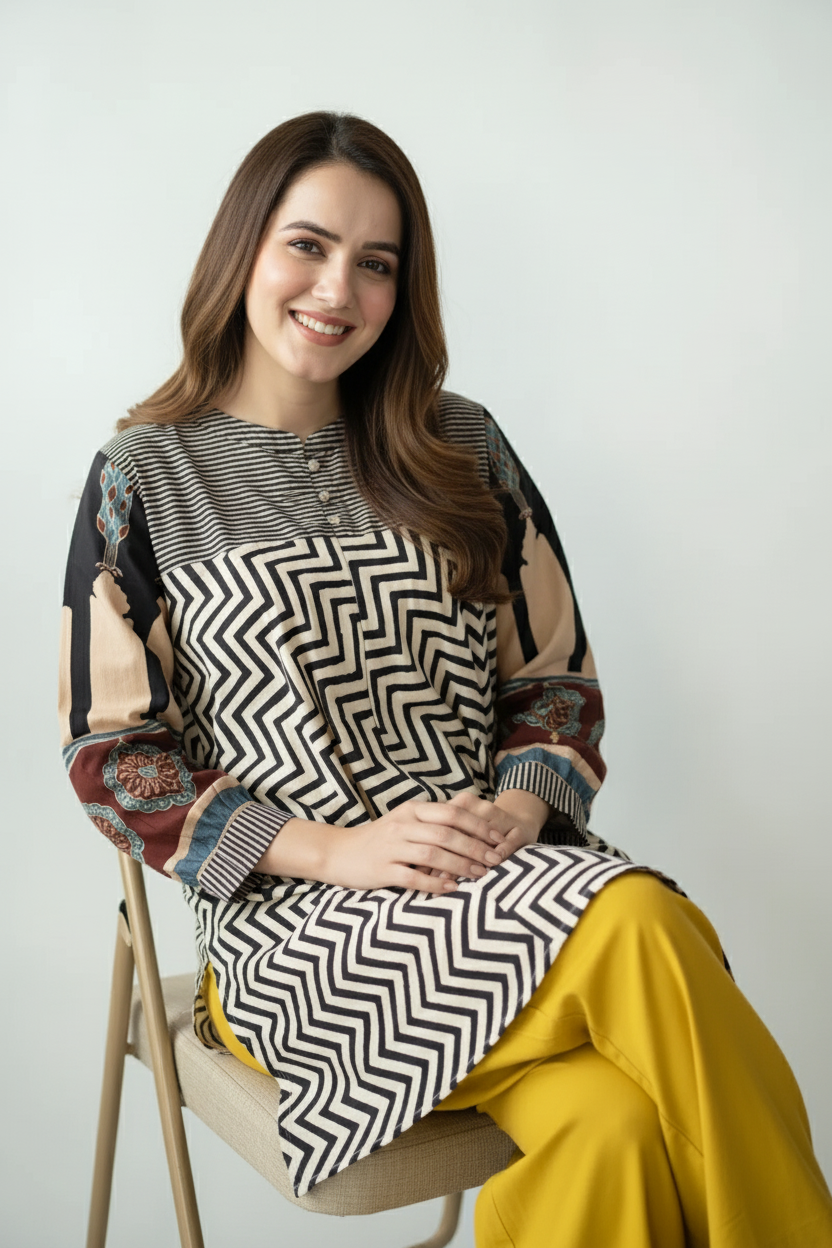 Black & Beige Geometric Printed Tunic