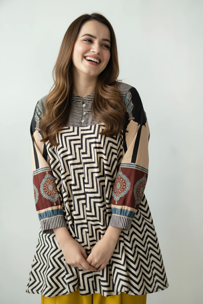 Black & Beige Geometric Printed Tunic