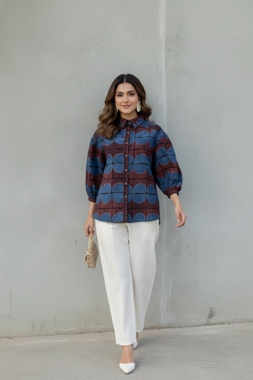 Maroon & Blue Printed Collared Shirt