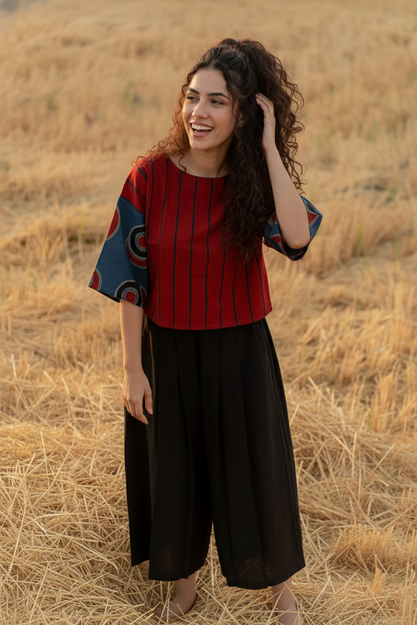 Women’s Red Striped Printed Top with Black Culottes Set