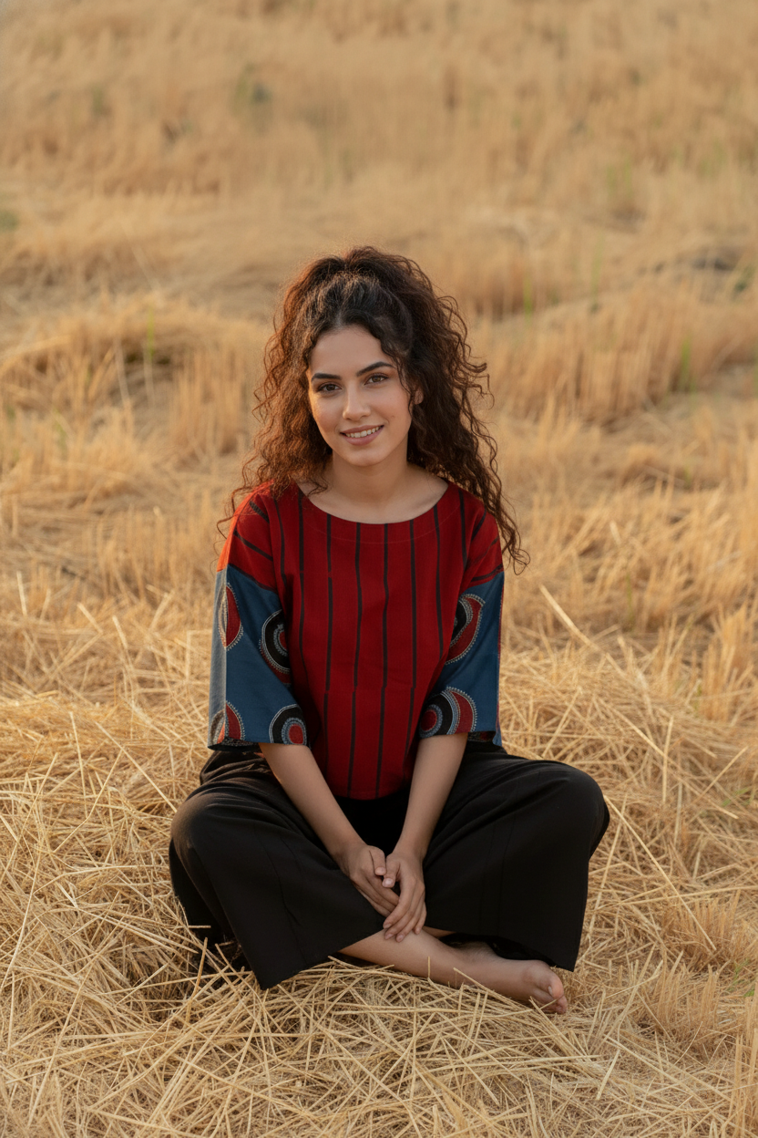 Women’s Red Striped Printed Top with Black Culottes Set