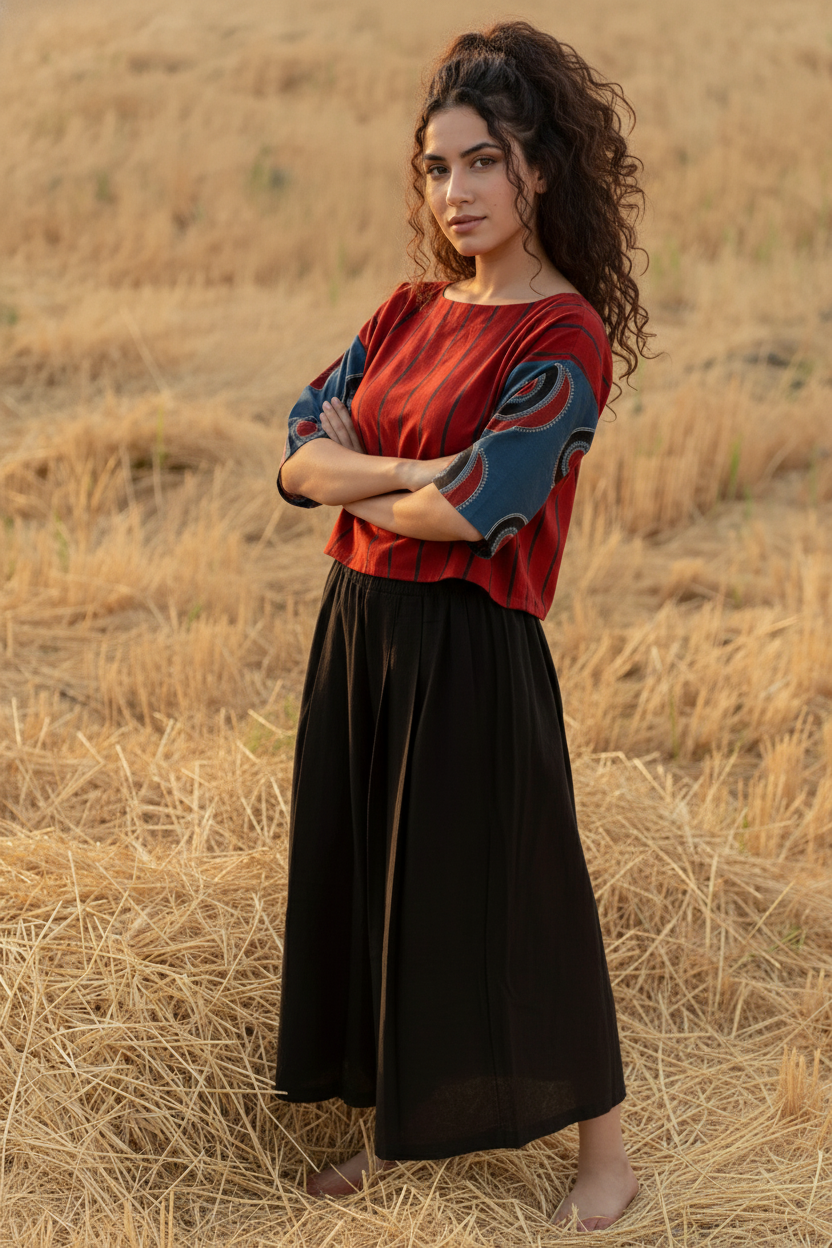 Women’s Red Striped Printed Top with Black Culottes Set