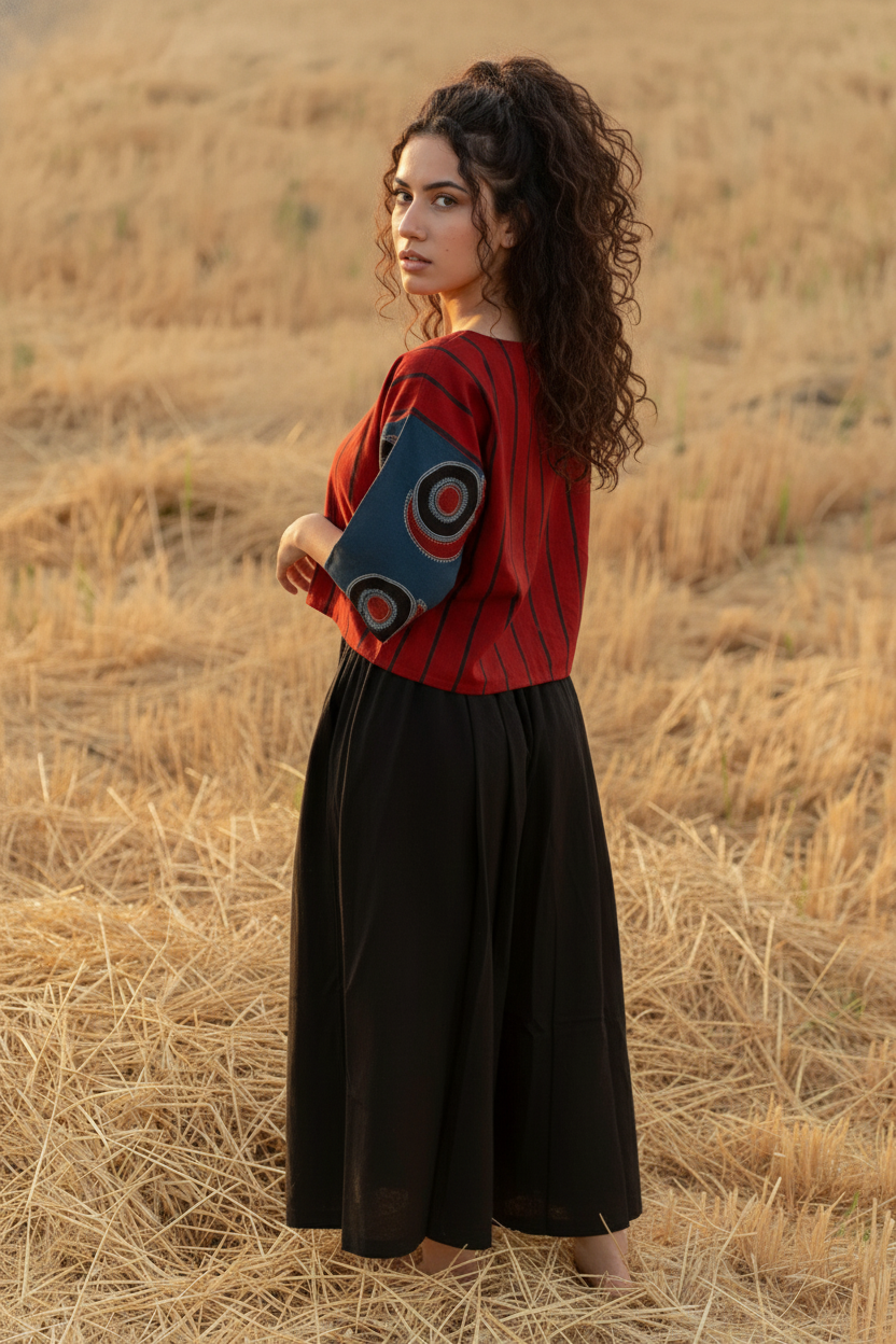 Women’s Red Striped Printed Top with Black Culottes Set