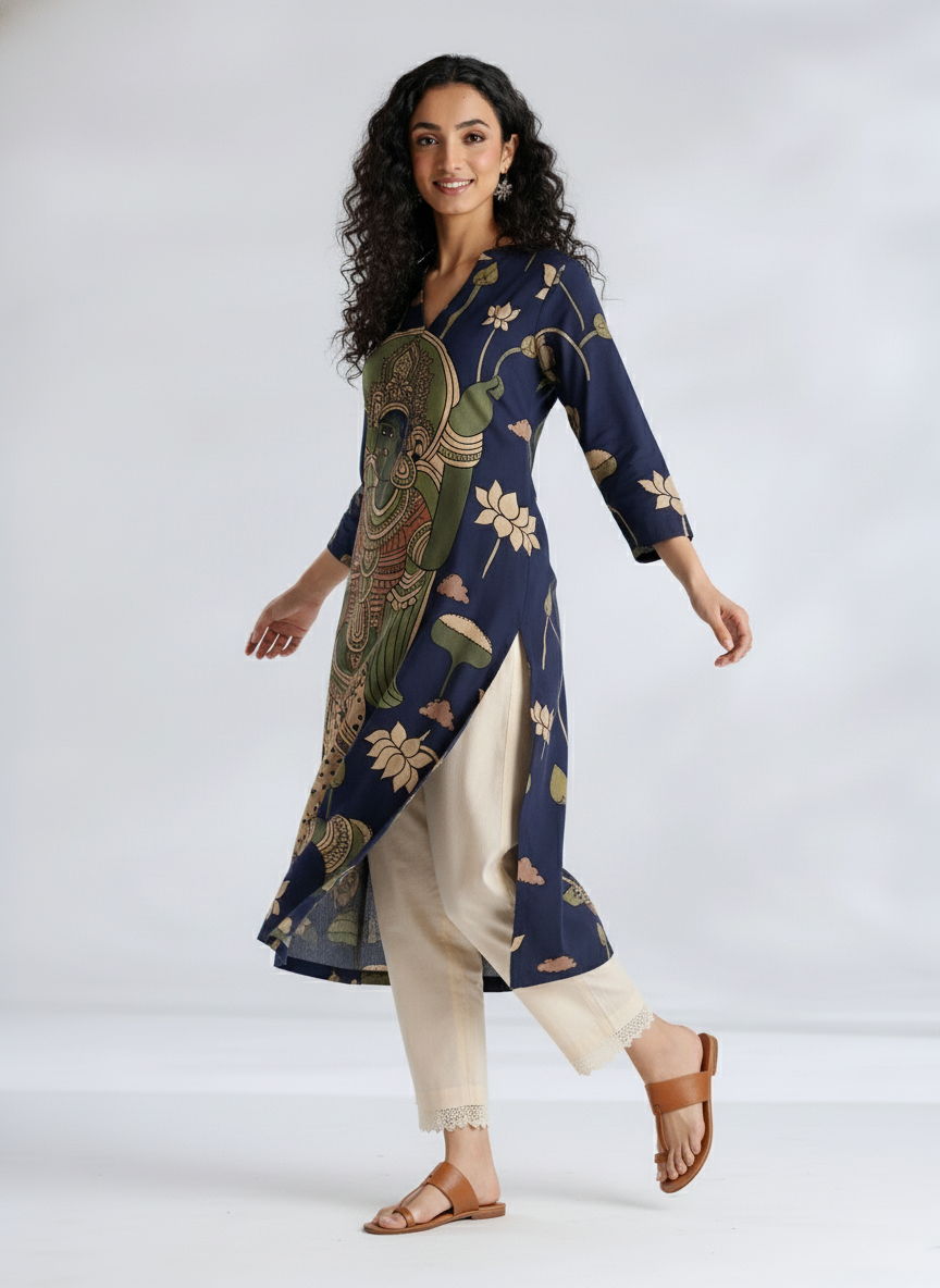 Elegant Navy Blue Straight Kurta with Traditional Kalamkari Print