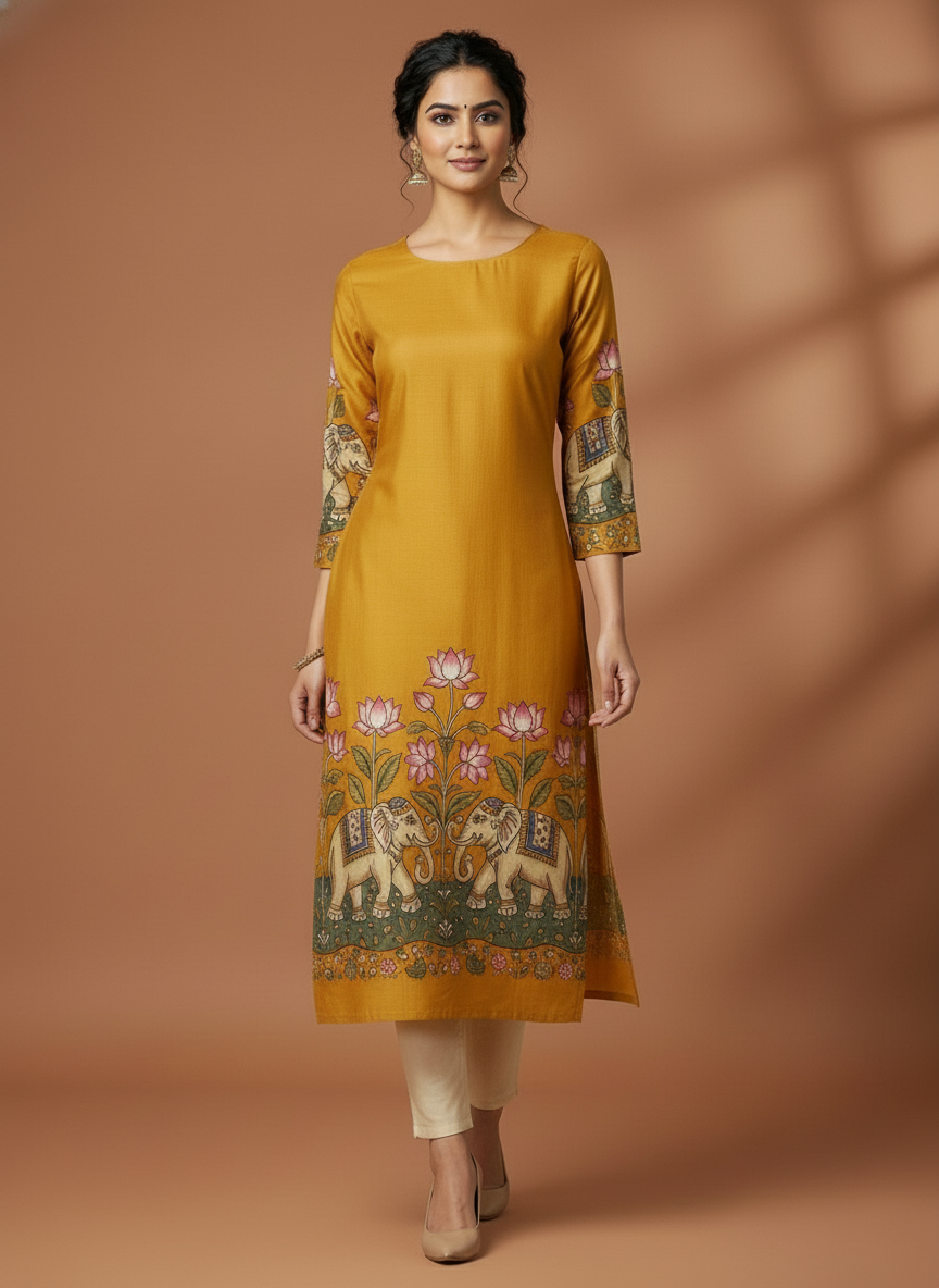Mustard Yellow Handcrafted Elephant Motif Straight Kurta