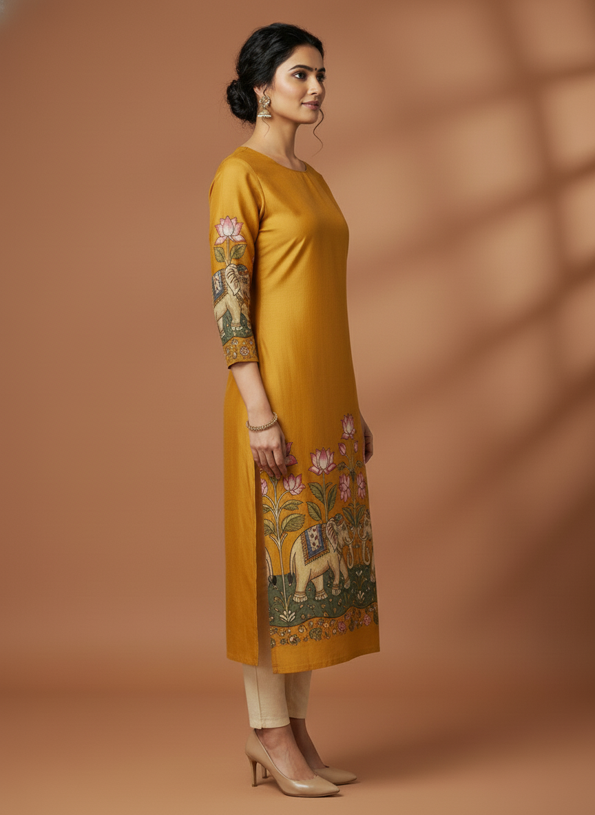 Mustard Yellow Handcrafted Elephant Motif Straight Kurta