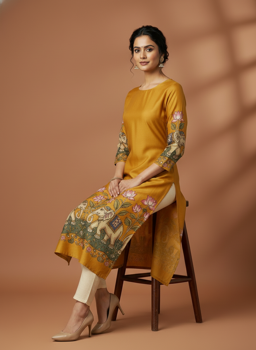 Mustard Yellow Handcrafted Elephant Motif Straight Kurta