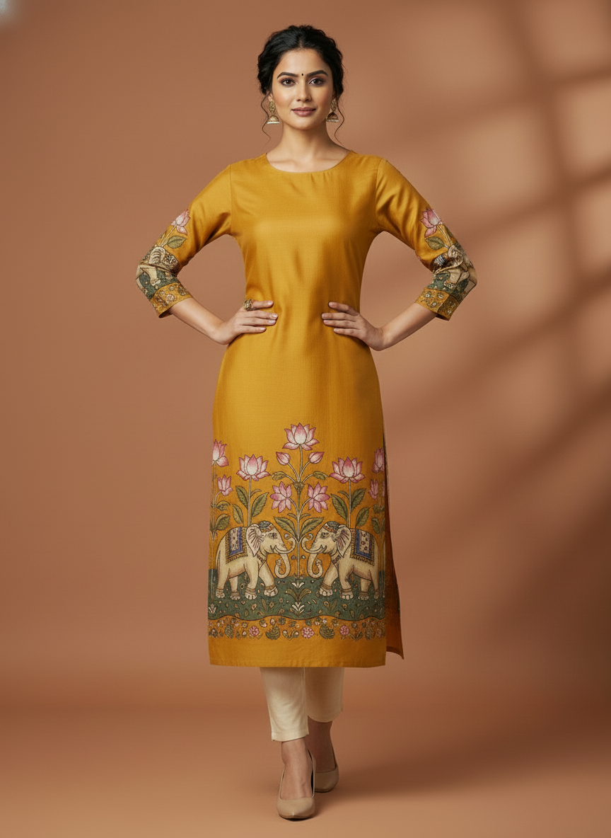 Mustard Yellow Handcrafted Elephant Motif Straight Kurta