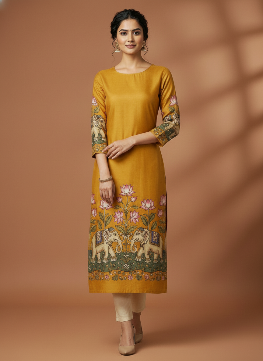 Mustard Yellow Handcrafted Elephant Motif Straight Kurta
