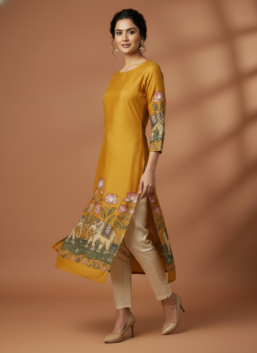 Mustard Yellow Handcrafted Elephant Motif Straight Kurta