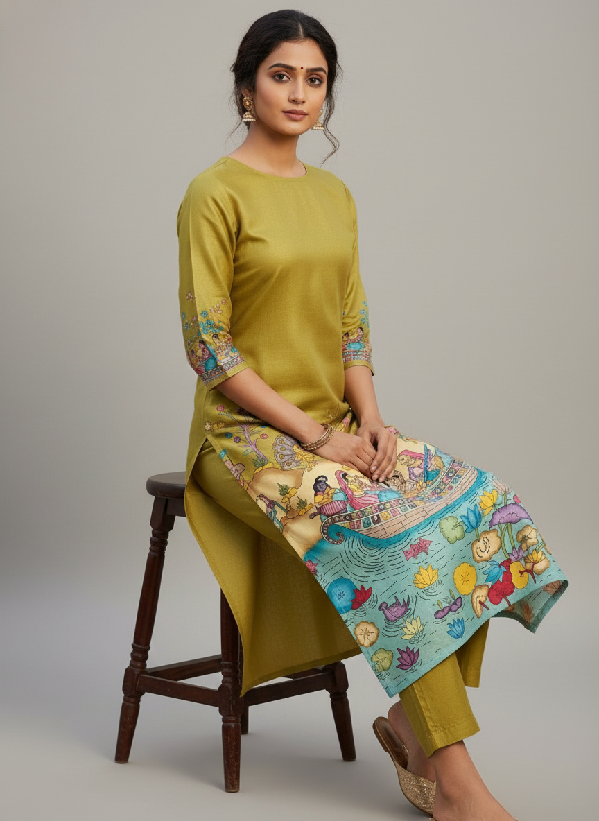 Olive Green Story Print Straight Kurta Set