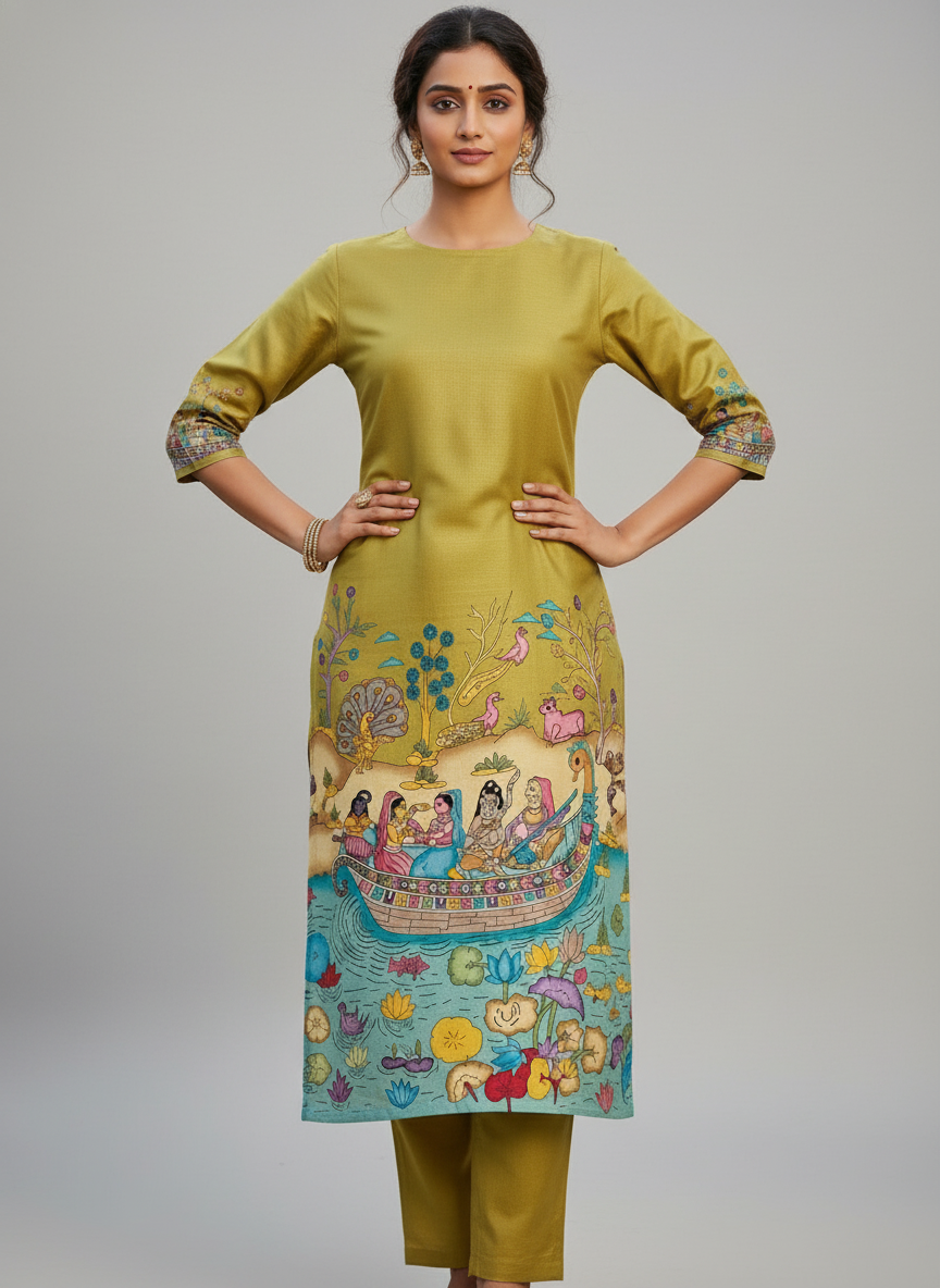 Olive Green Story Print Straight Kurta Set