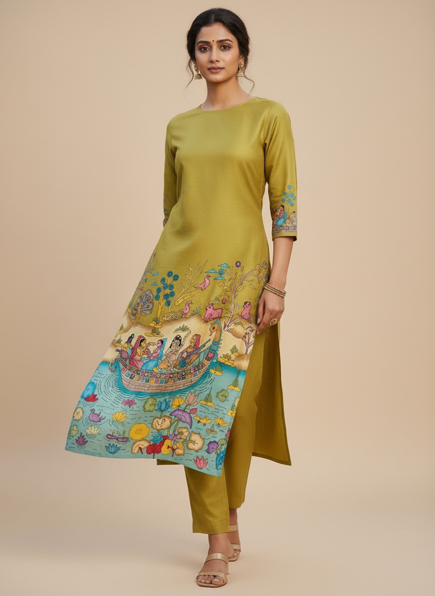 Olive Green Story Print Straight Kurta Set