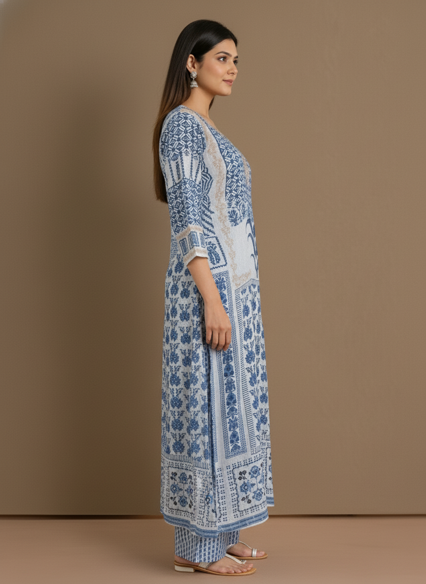Blue & Ivory Print Straight Kurta Set