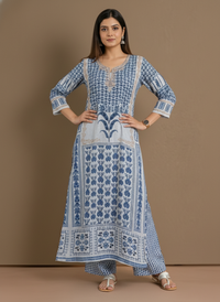 Blue & Ivory Print Straight Kurta Set