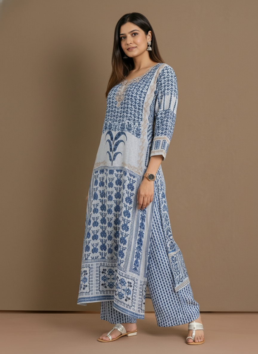 Blue & Ivory Print Straight Kurta Set