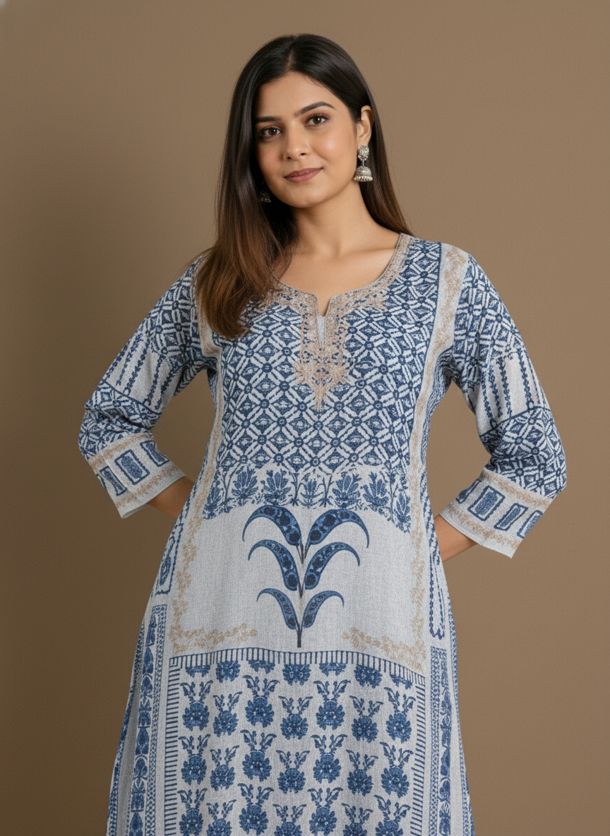 Blue & Ivory Print Straight Kurta Set