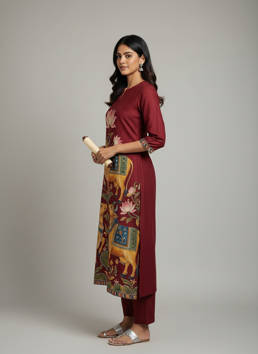 Art Maroon Kurta with Traditional Indian Motif Detailing