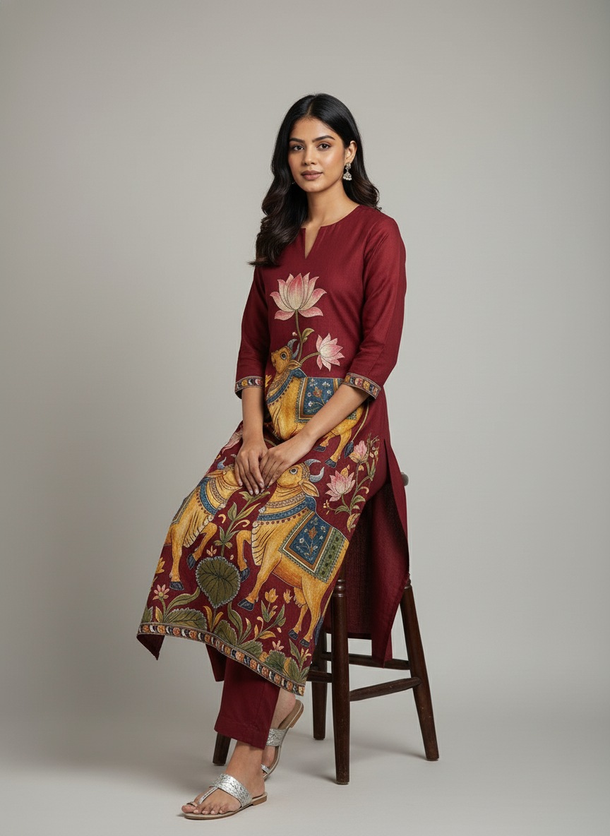 Art Maroon Kurta with Traditional Indian Motif Detailing