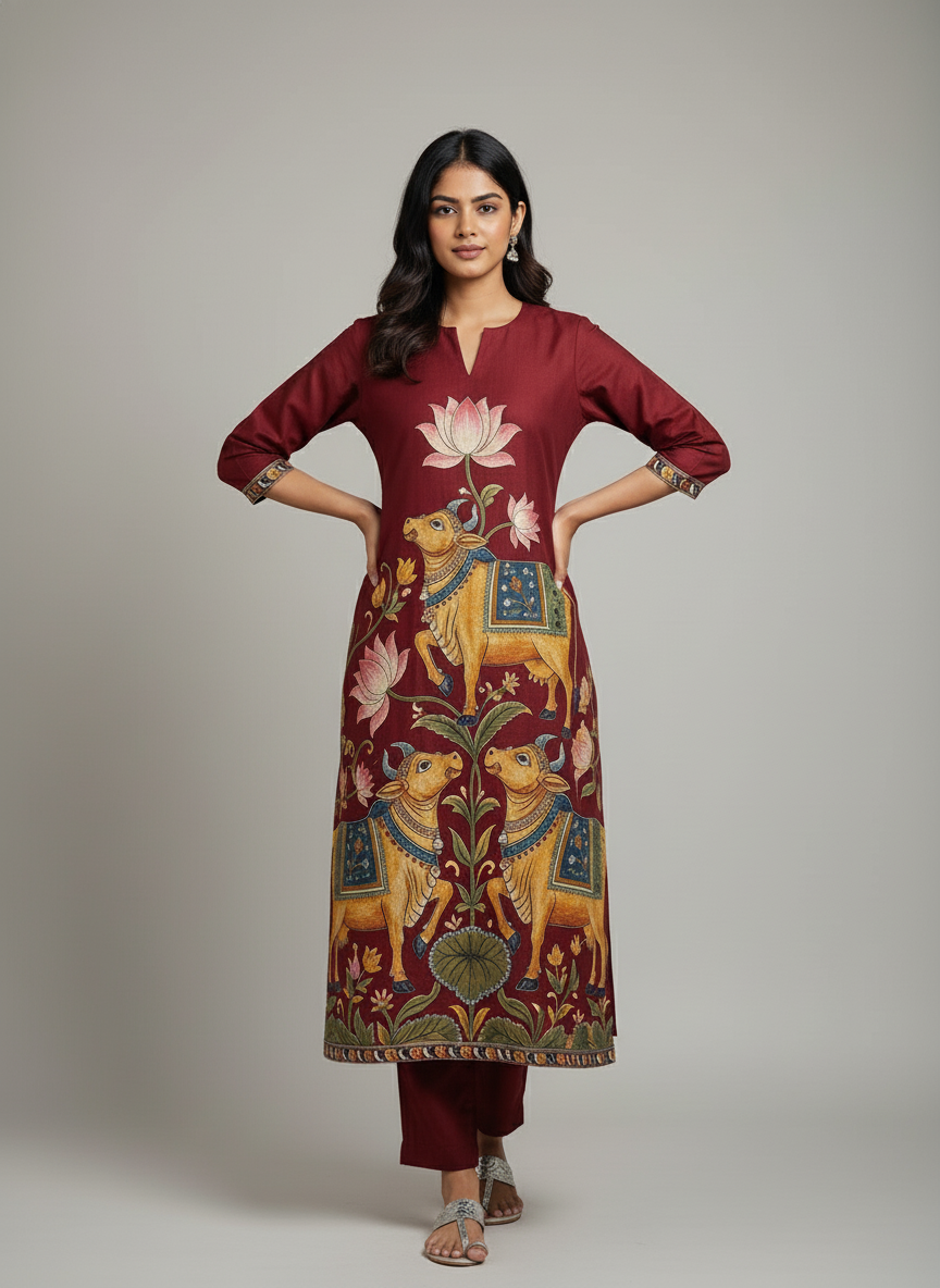 Art Maroon Kurta with Traditional Indian Motif Detailing