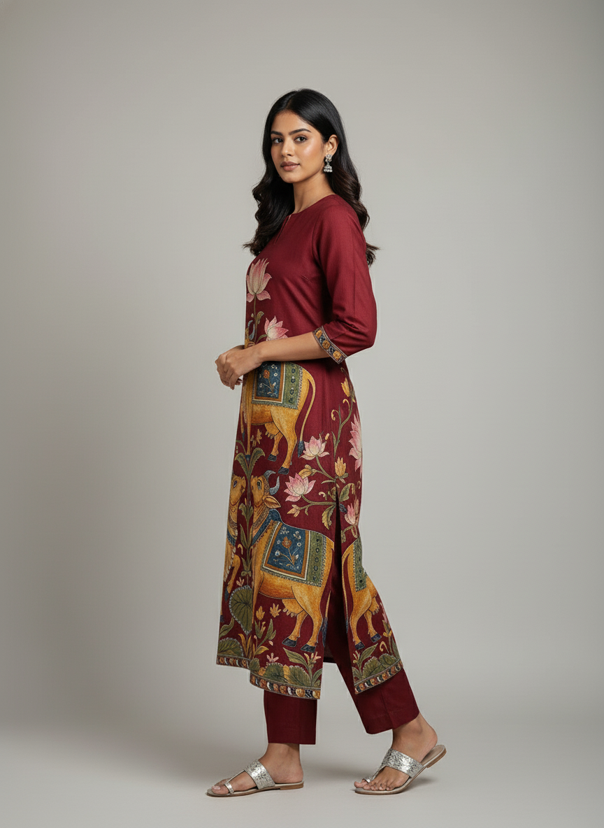 Art Maroon Kurta with Traditional Indian Motif Detailing