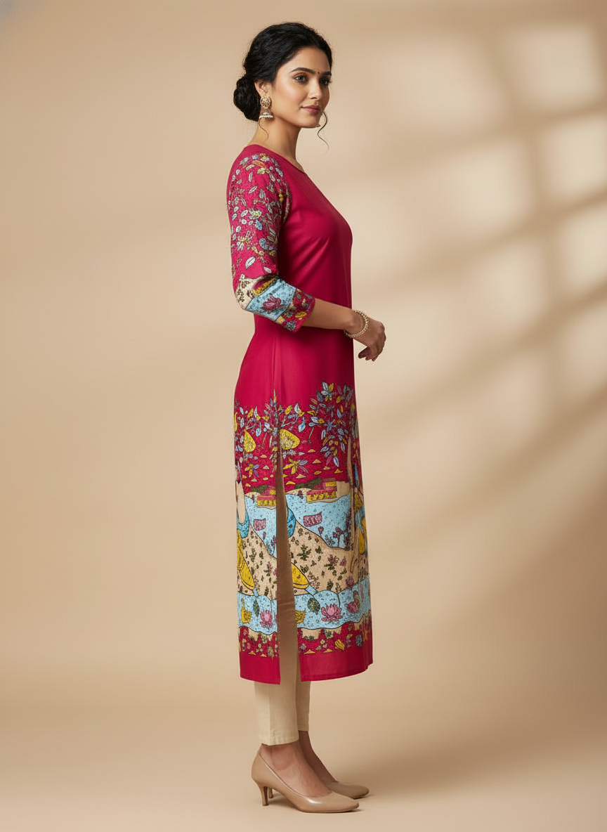 Women’s Pink Printed Straight Kurta with 3/4th Sleeves