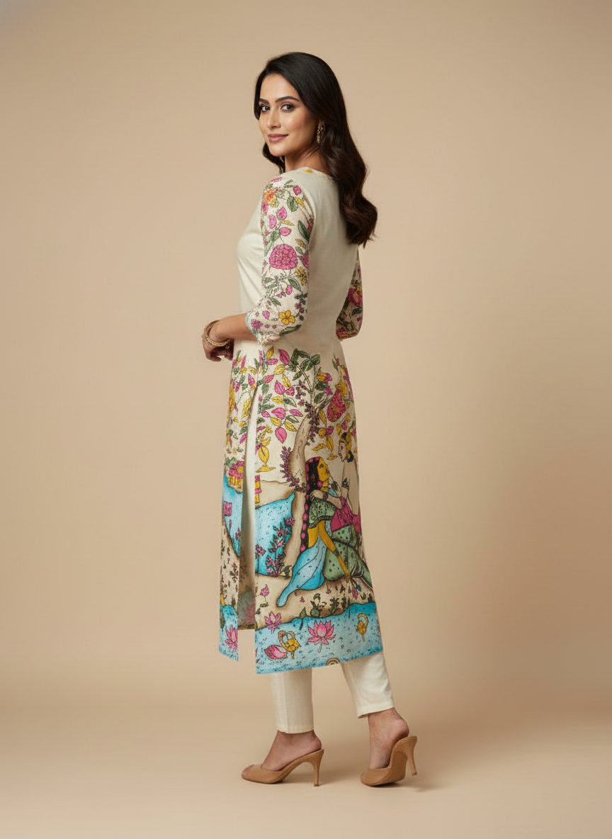 Women’s Off-White Printed Straight Kurta with 3/4th Sleeves