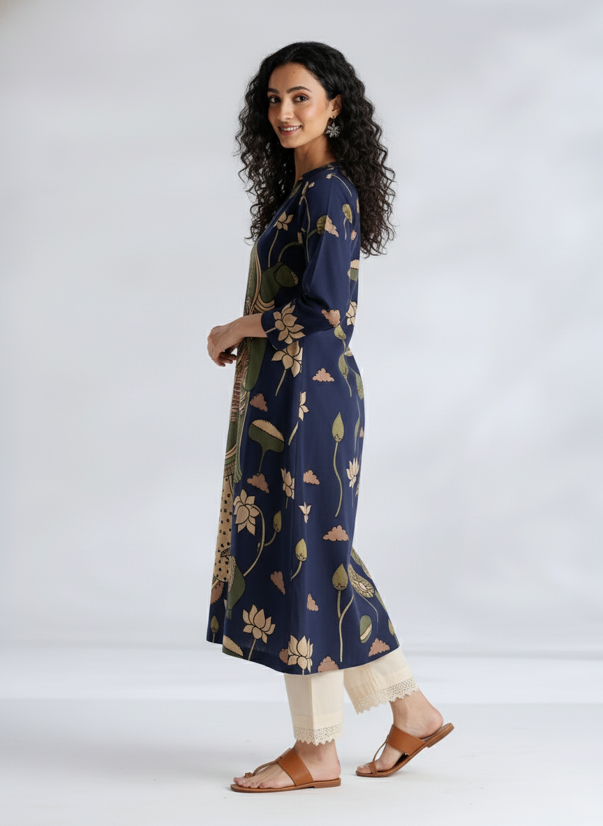 Elegant Navy Blue Straight Kurta with Traditional Kalamkari Print
