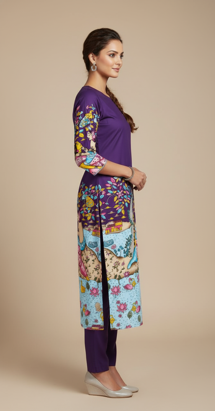 Women’s Purple Printed Straight Kurta with 3/4th Sleeves