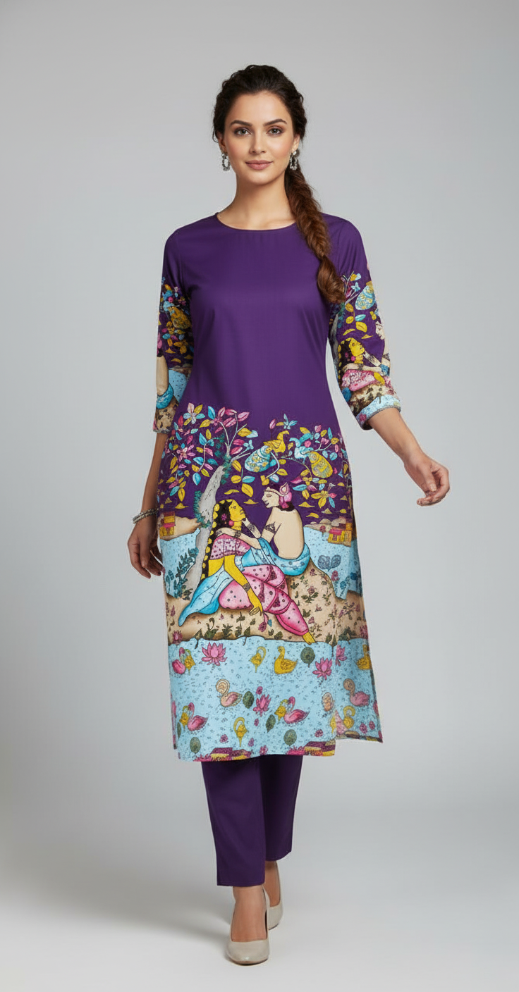 Women’s Purple Printed Straight Kurta with 3/4th Sleeves