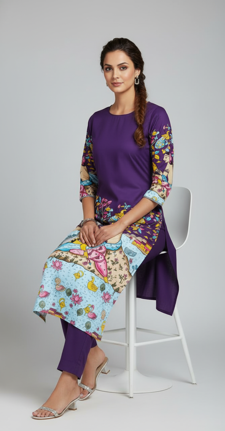 Women’s Purple Printed Straight Kurta with 3/4th Sleeves