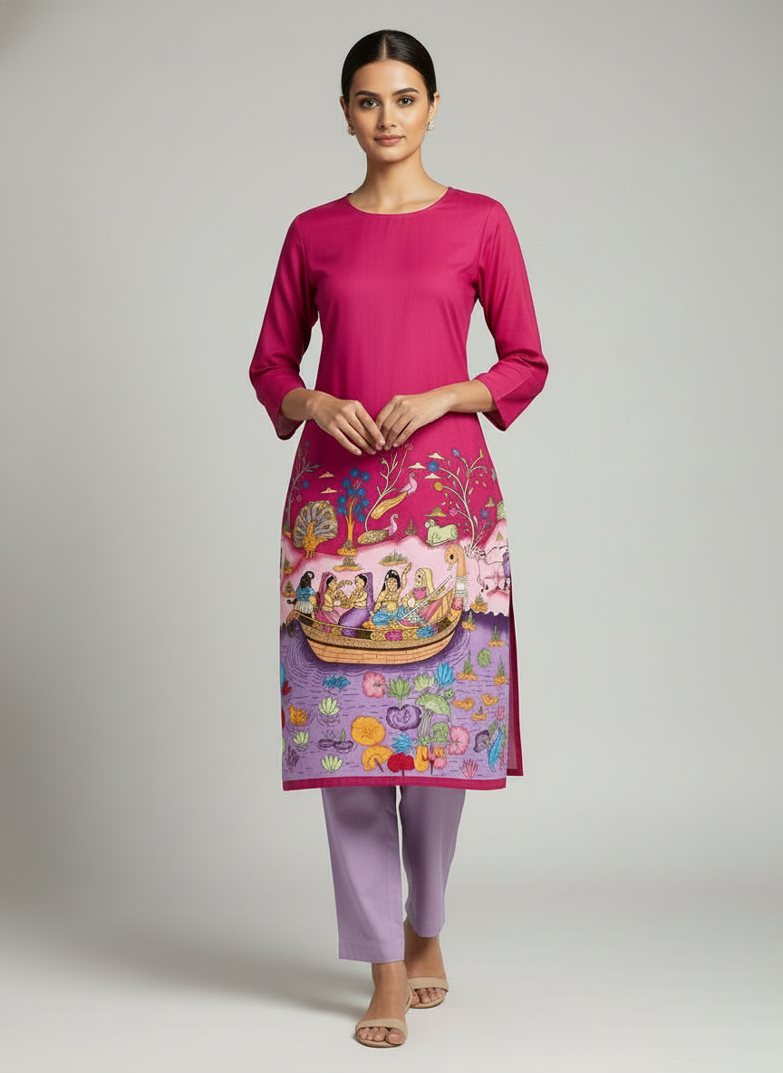 Women’s Magenta Printed Straight Kurta with 3/4th Sleeves