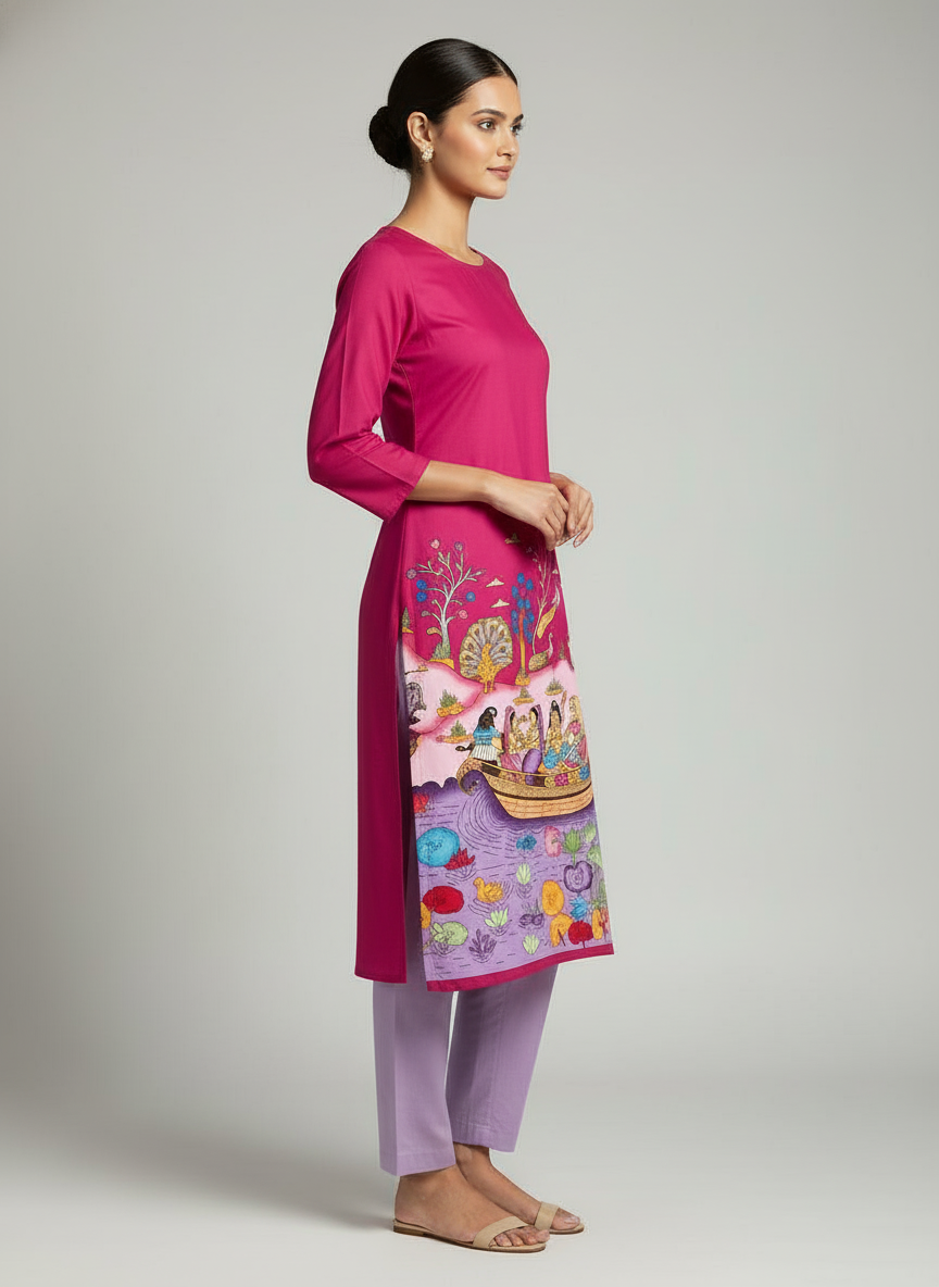 Women’s Magenta Printed Straight Kurta with 3/4th Sleeves