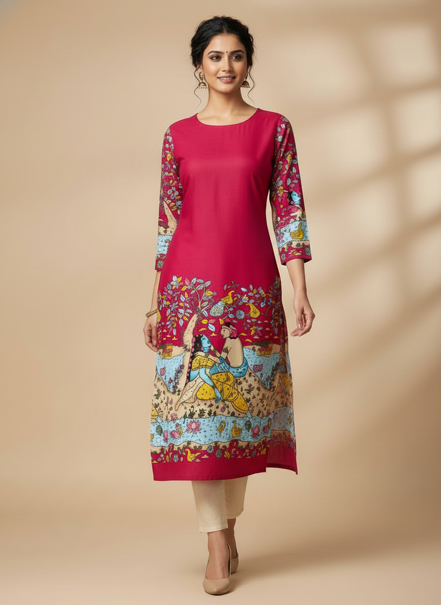 Women’s Pink Printed Straight Kurta with 3/4th Sleeves