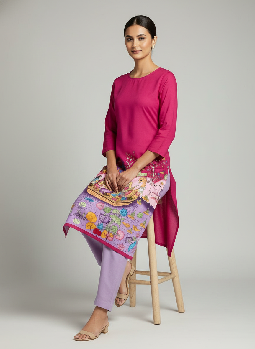 Women’s Magenta Printed Straight Kurta with 3/4th Sleeves