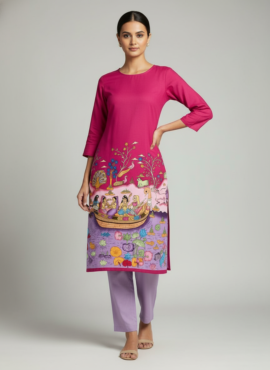 Women’s Magenta Printed Straight Kurta with 3/4th Sleeves