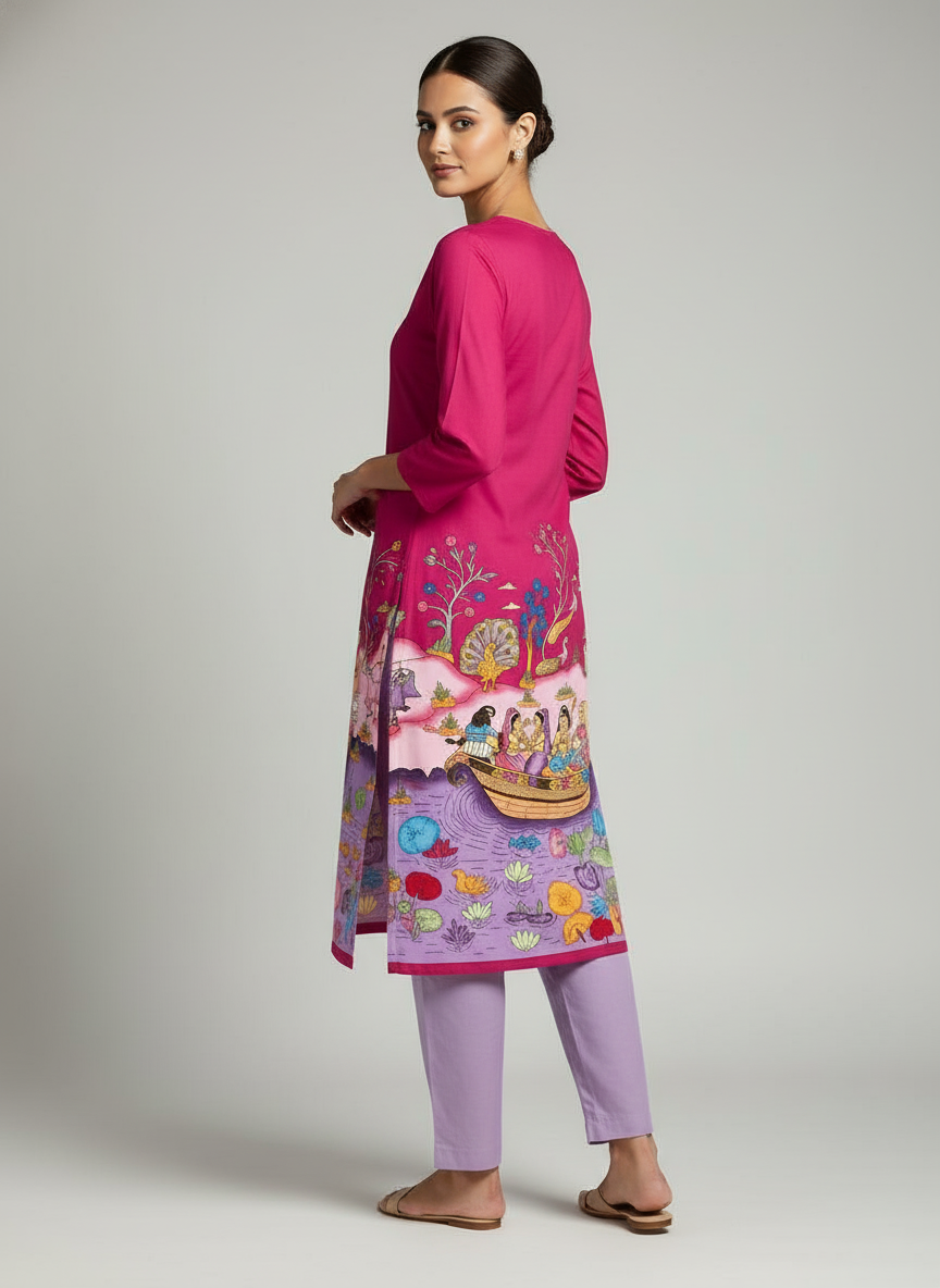 Women’s Magenta Printed Straight Kurta with 3/4th Sleeves