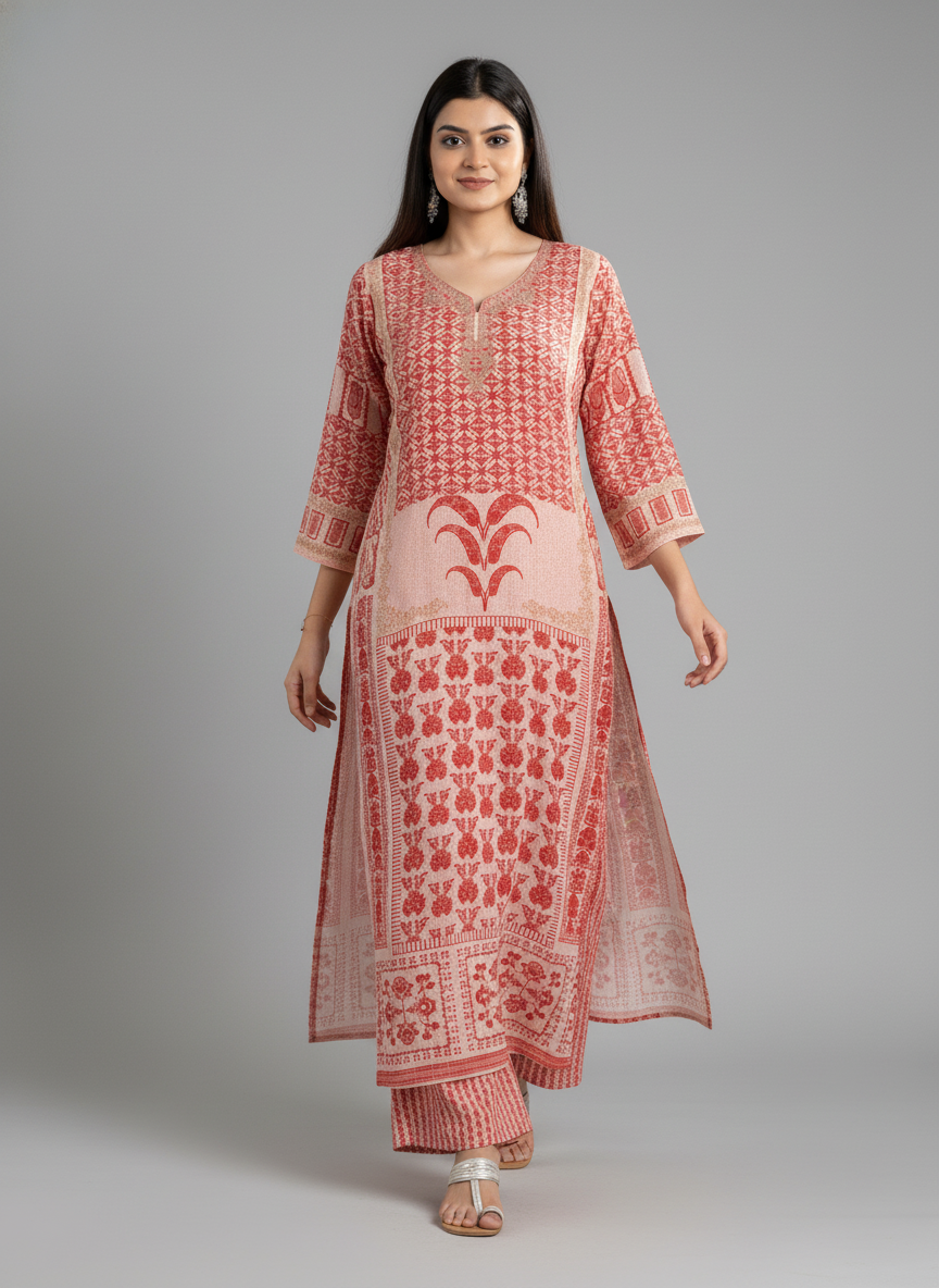 Women’s Maroon Printed Straight Kurta with V-Neck