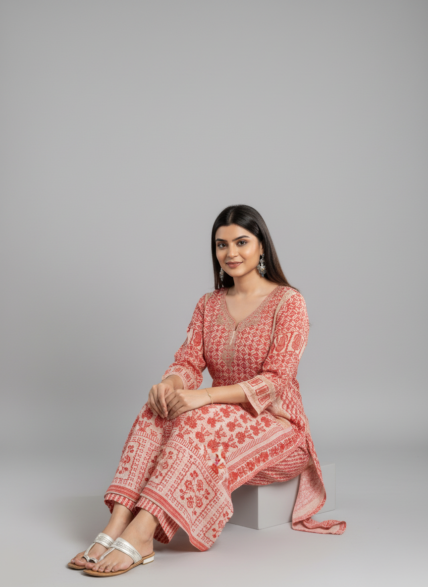 Women’s Maroon Printed Straight Kurta with V-Neck