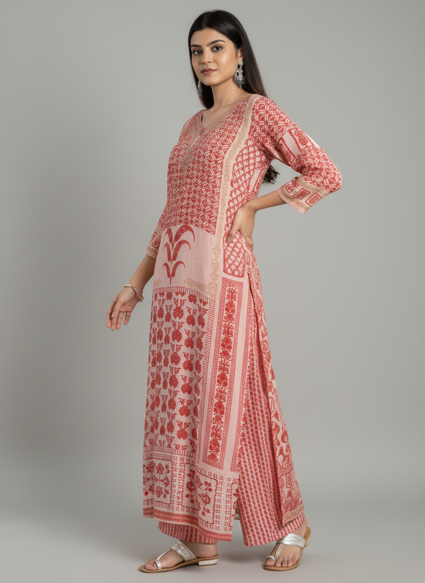 Women’s Maroon Printed Straight Kurta with V-Neck