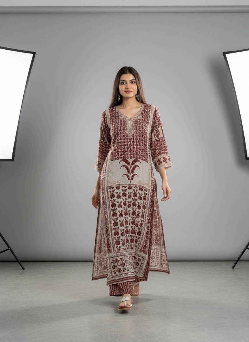 Women’s Maroon Printed Straight Kurta with V-Neck