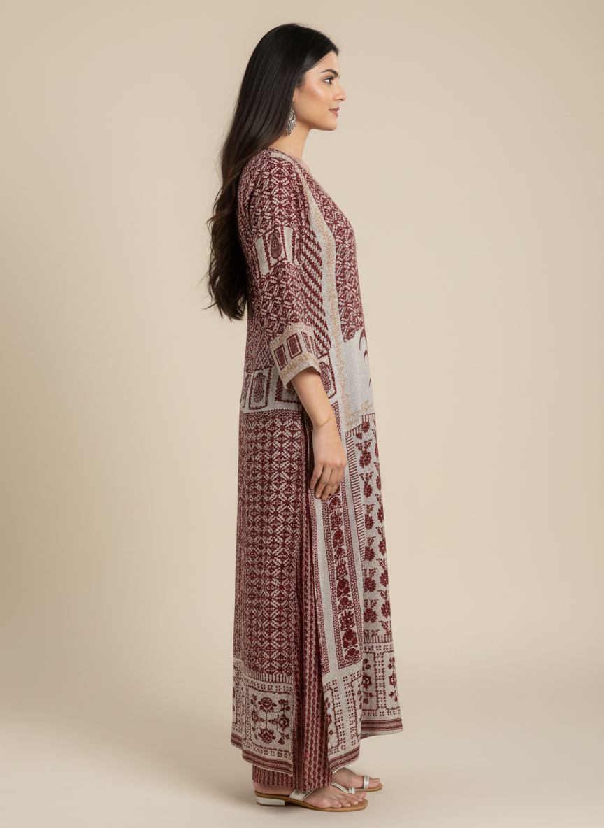 Women’s Maroon Printed Straight Kurta with V-Neck