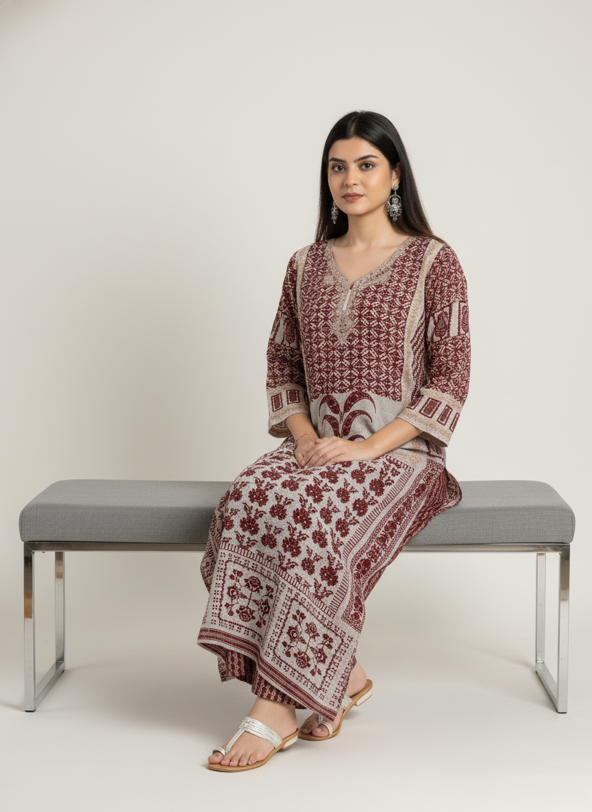 Women’s Maroon Printed Straight Kurta with V-Neck
