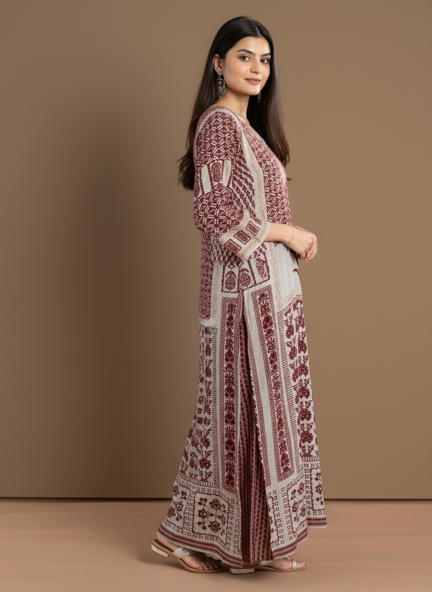 Women’s Maroon Printed Straight Kurta with V-Neck
