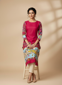 Women’s Pink Printed Straight Kurta with 3/4th Sleeves