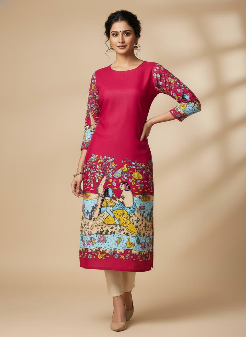 Women’s Pink Printed Straight Kurta with 3/4th Sleeves