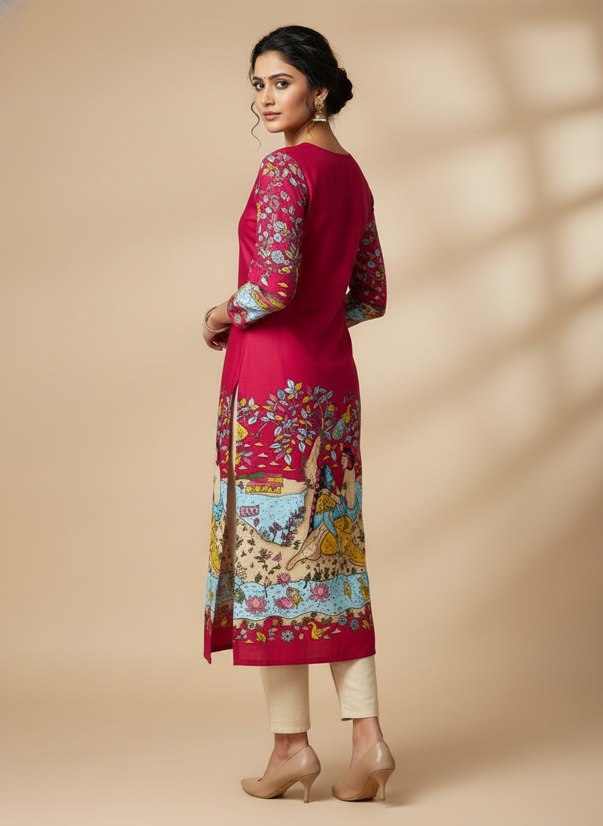 Women’s Pink Printed Straight Kurta with 3/4th Sleeves