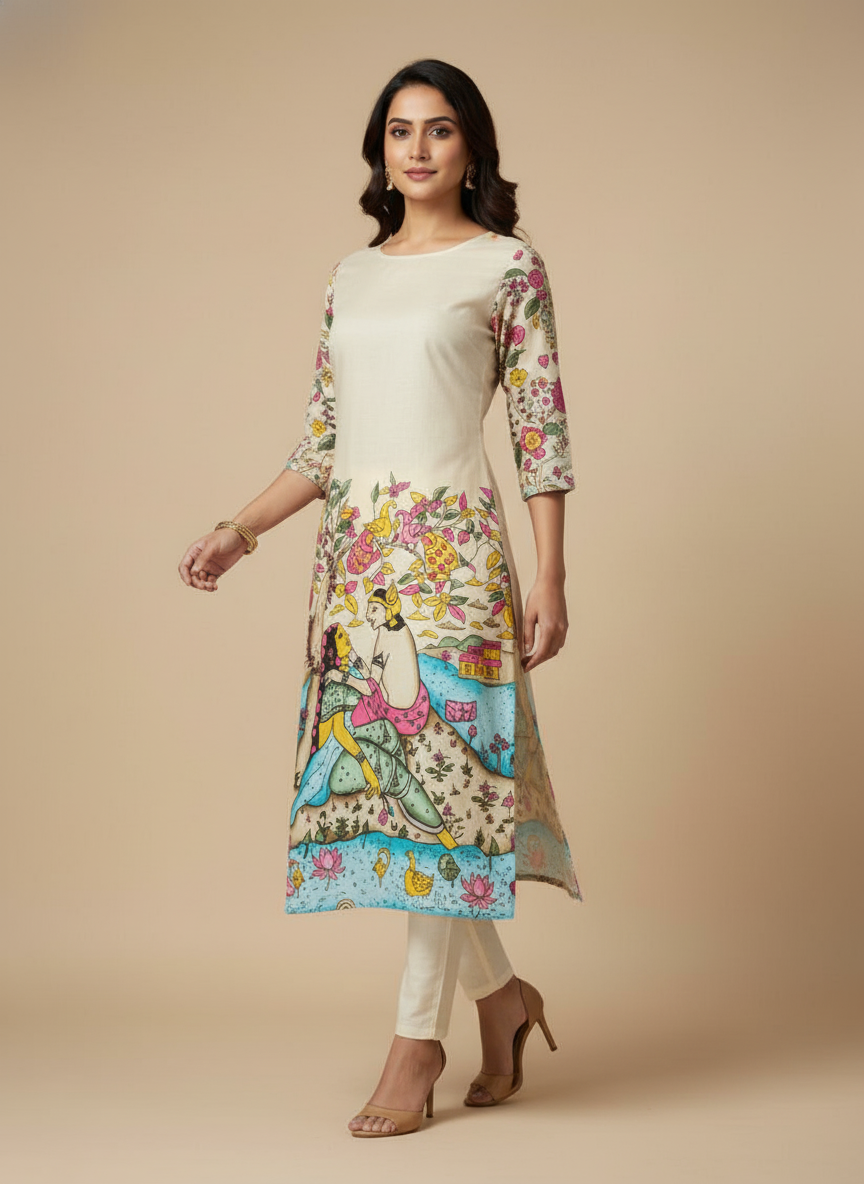 Women’s Off-White Printed Straight Kurta with 3/4th Sleeves